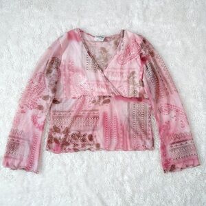 VTG 90s Y2K Pelican Cove Woman Pink Sheer Mesh V-Neck Top LARGE Fairy Whimsical